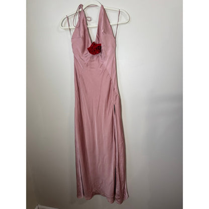 Bardot Aradia Pink Silk Halter Neck Maxi Dress Red Rose Accent