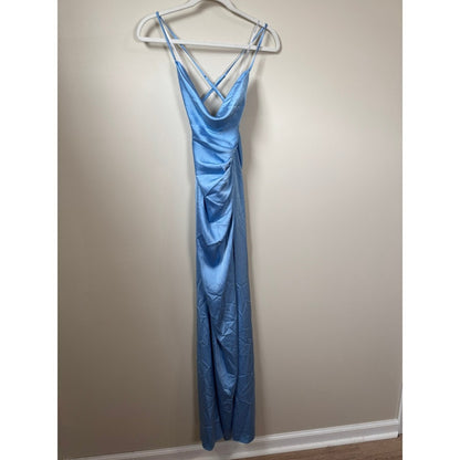 Katie May Los Angeles Blue Satin Cowl Neck Maxi Gown Dress NWT Defect