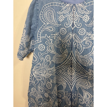Free People Embroidered Denim Mini Dress Blue Paisley Scalloped Hem NWT