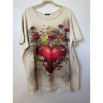 Jaded Gypsy Womens Floral Heart Graphic Oversized Distressed T-Shirt Beige S/M