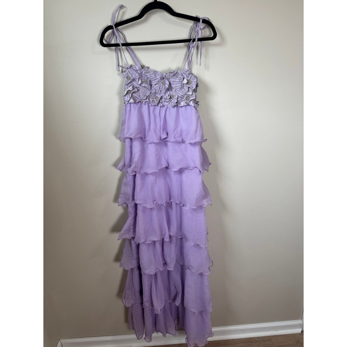 Show Me Your Mumu Lilac Ruffle Maxi Dress Floral Beaded Tiered Chiffon Small