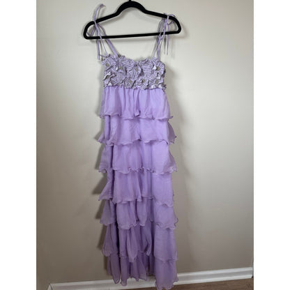 Show Me Your Mumu Lilac Ruffle Maxi Dress Floral Beaded Tiered Chiffon Small