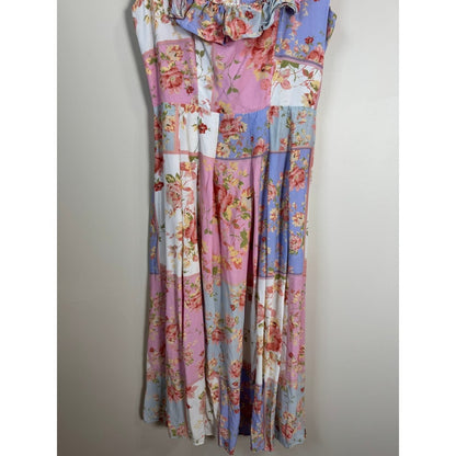 Yumi Kim Floral Patchwork Ruffle Midi Dress Pastel Pink Blue XS Garden Party