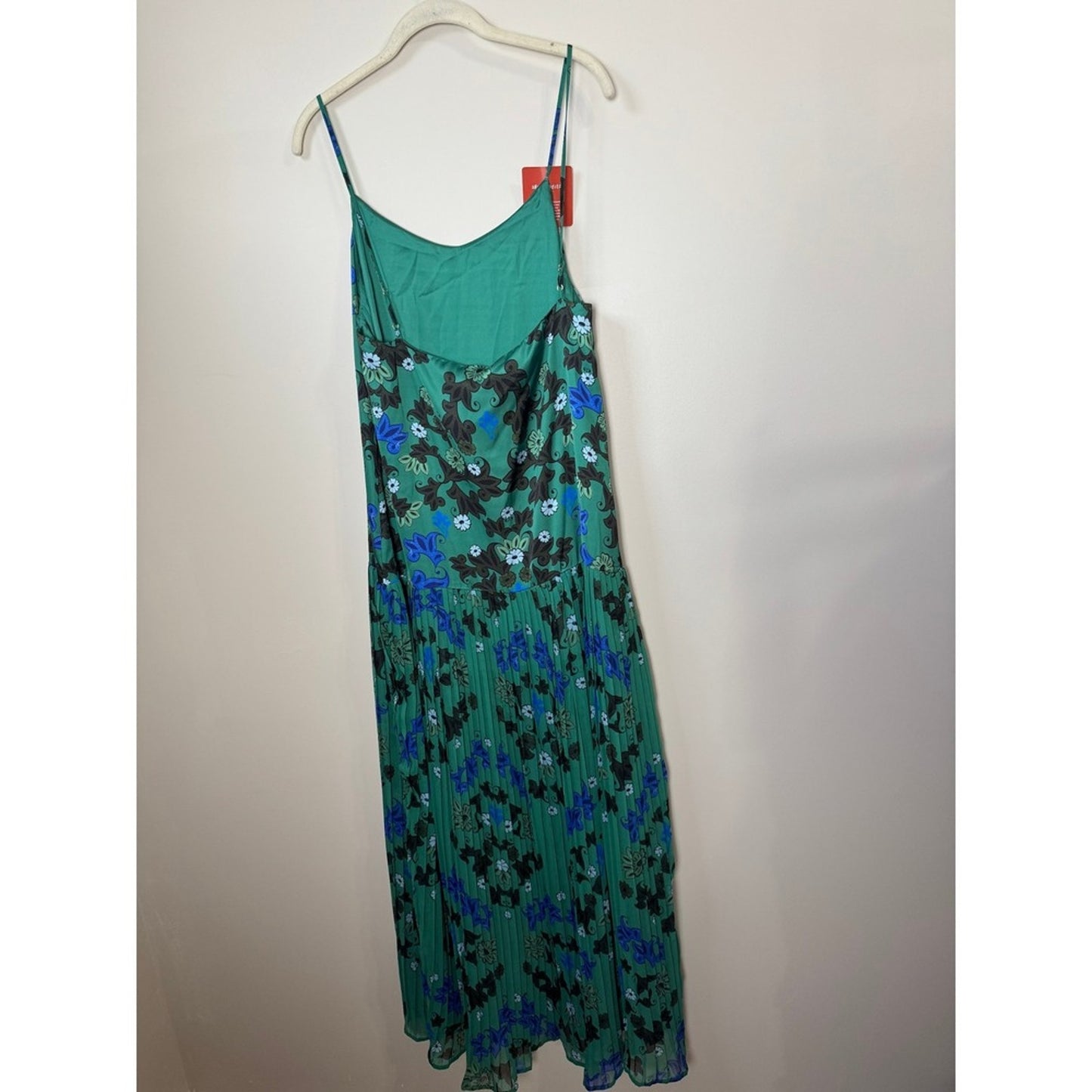 Agua Bendita Pleated Floral Maxi Dress Spaghetti Strap Green Blue M