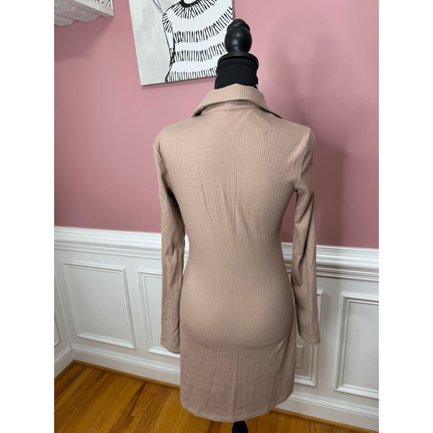Reformation Mini Shirt Dress in Brown Medium Ribbed Long Sleeve Button-Up