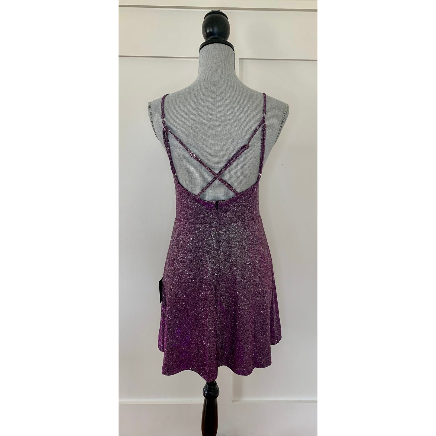 Lulus Glitter Mini Hoco Dress in Purple Metallic Large Spaghetti Strap V-Neck
