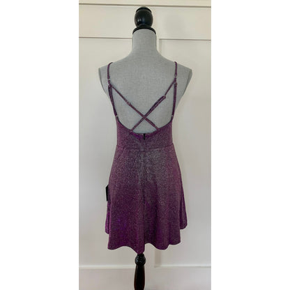 Lulus Glitter Mini Hoco Dress in Purple Metallic Large Spaghetti Strap V-Neck
