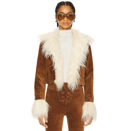 NEW NWT Show Me Your Mumu Penny Lane Cropped Coat Saddlebrown Cord with Faux Fur Size XL