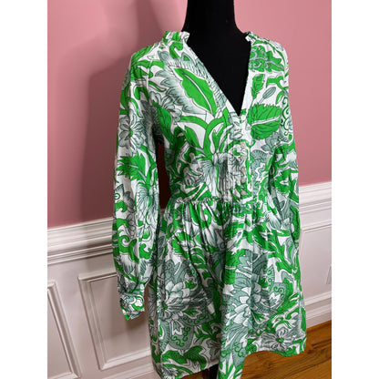 Anthropologie Let Me Be Kelly in Green Floral Tunic Dress Medium Long Sleeve