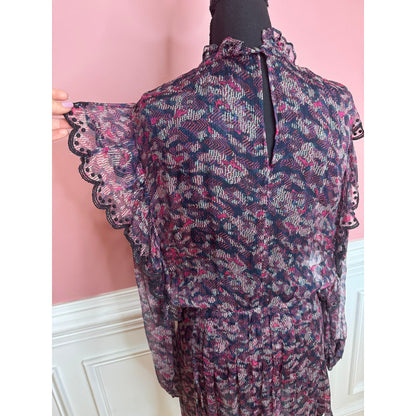 IRO Tinkle Mini Dress Size 18W Sheer Viscose Printed High Neck Long Sleeve