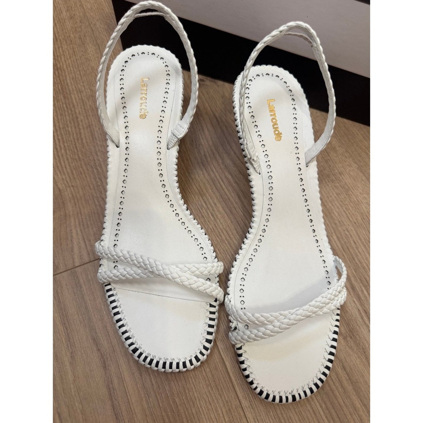 Larroude White Leather Braided Slingback Kitten Heel Sandals Whipstitch Trim