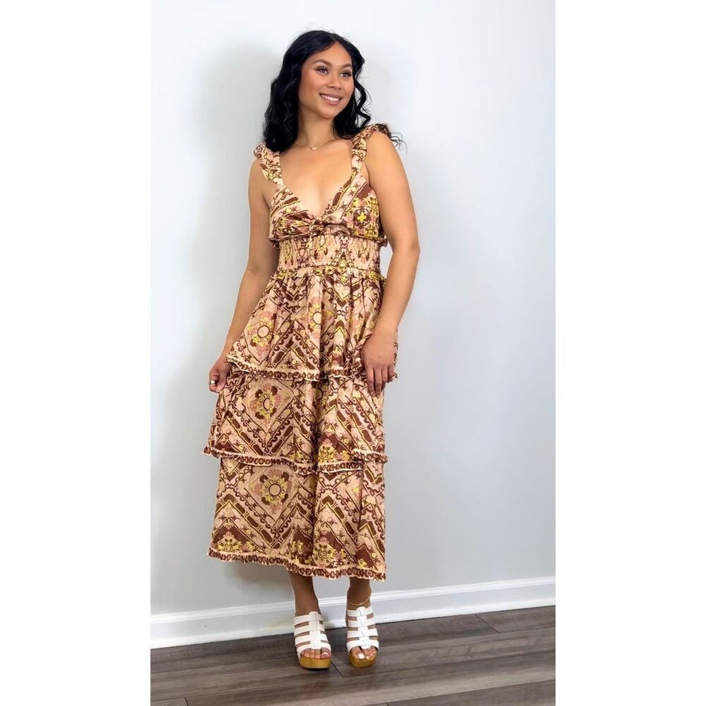 Cleobella Stella Ankle Dress in Multi Geo Print Medium Floral Layered Cotton‎