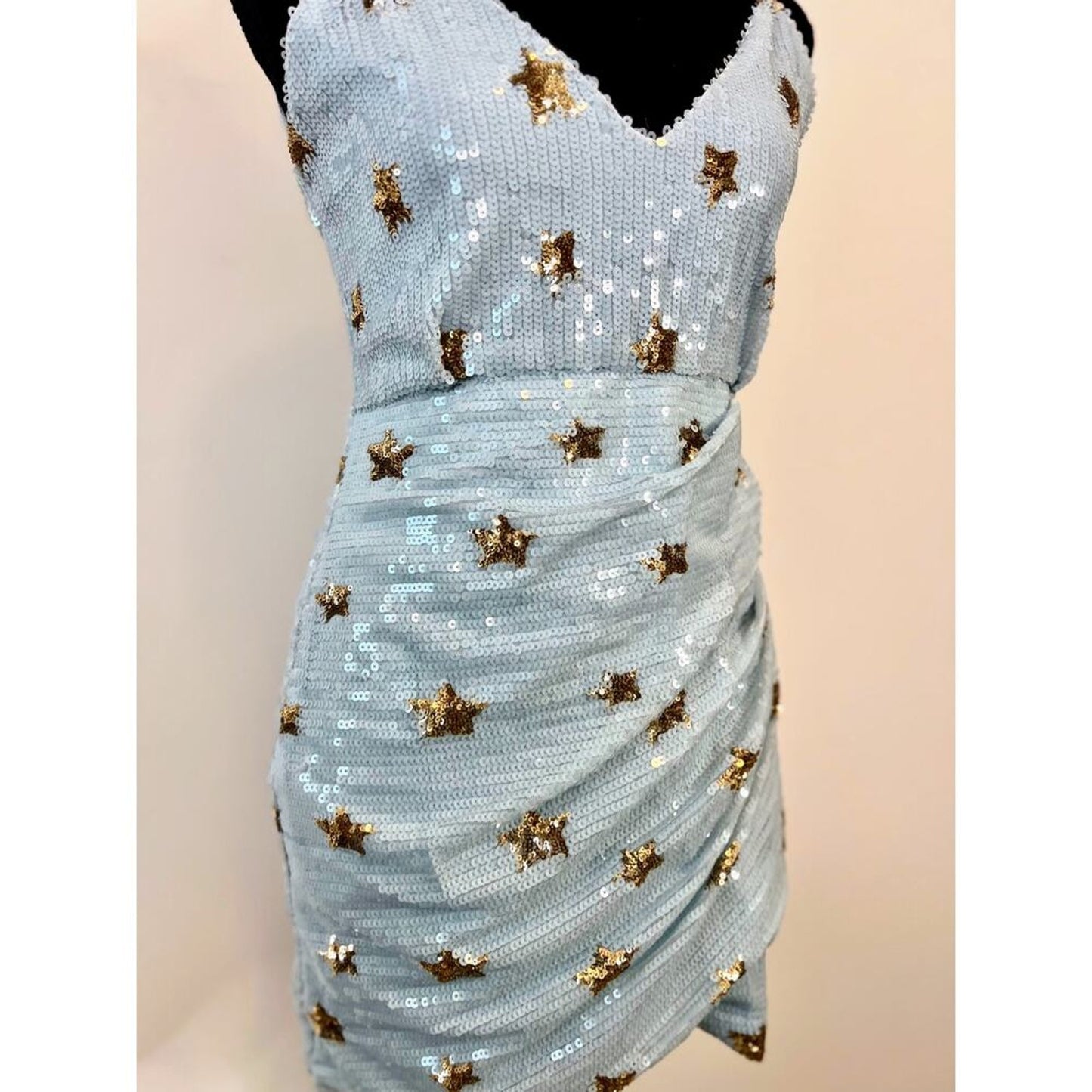 Superdown Dina‎ Mini Dress in Sky Blue/Gold Star Small Sequins Sleeveless Party