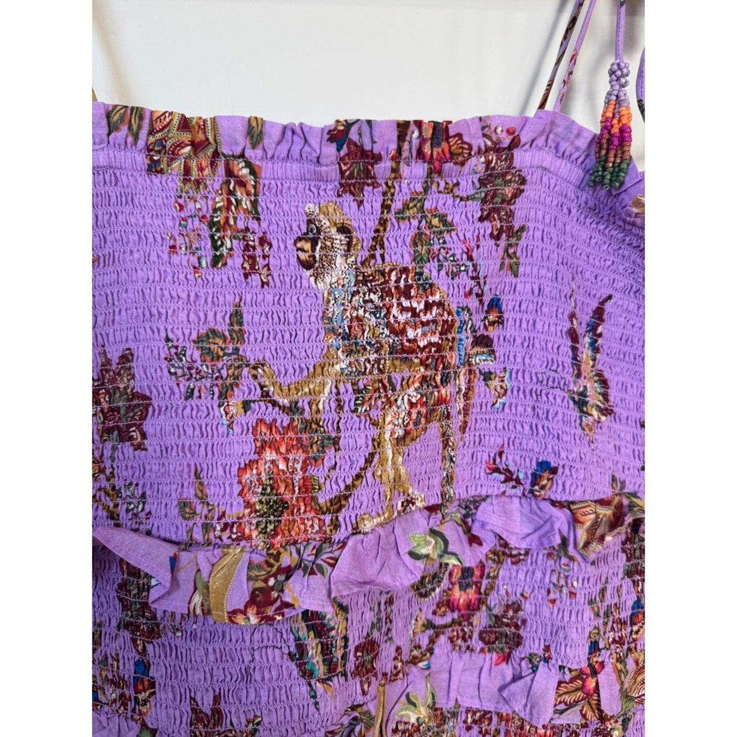 FARM Rio Purple Floral Smocked Mini Dress Tie Straps Tiered Ruffles XL