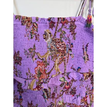 FARM Rio Purple Floral Smocked Mini Dress Tie Straps Tiered Ruffles XL
