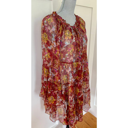 Johnny Was Daisy Mini Dress in Multi Floral Small Long Sleeve Ruffle Sheer Silk