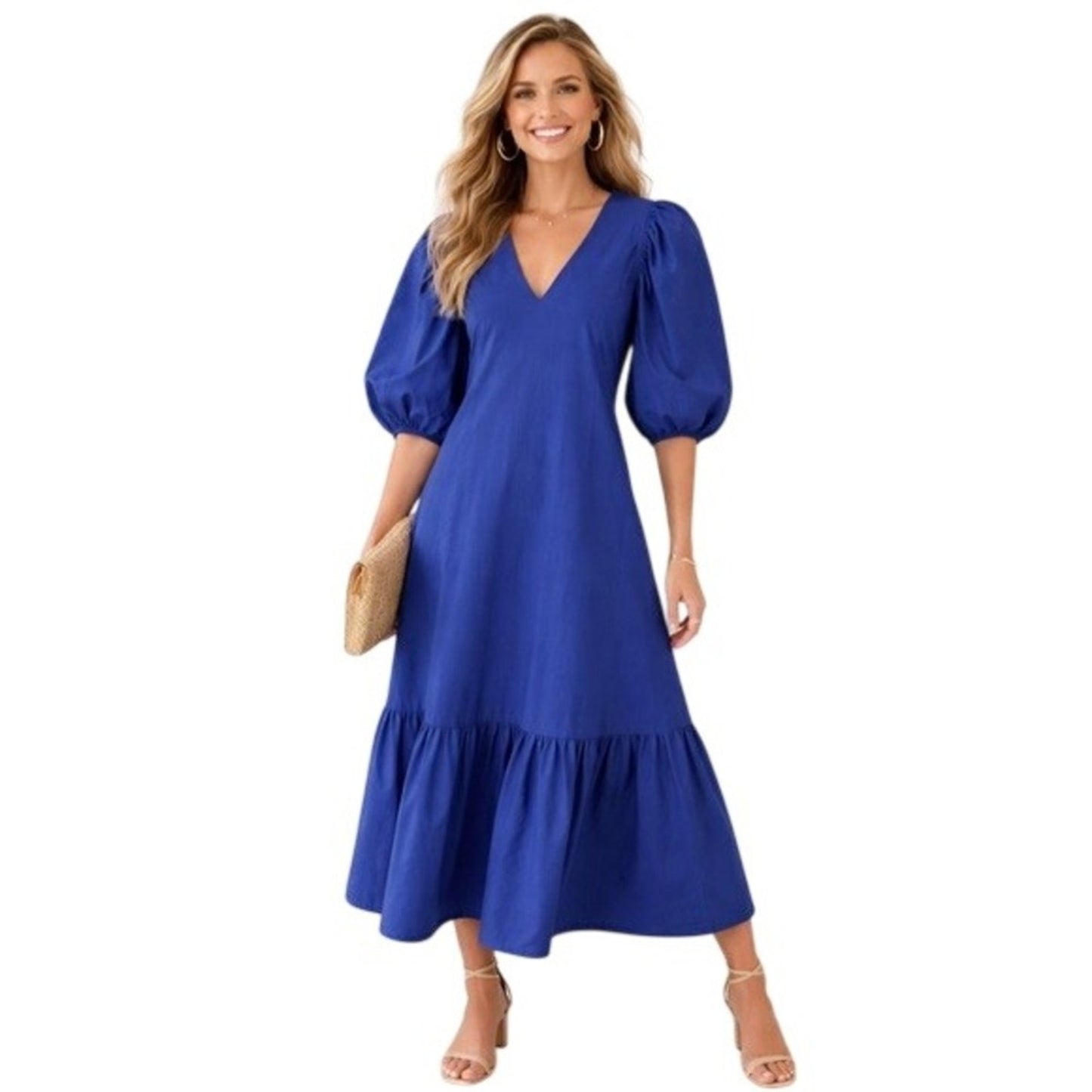 Anna Cate Royal Blue V-Neck Puff Sleeve Tiered Midi Dress XS