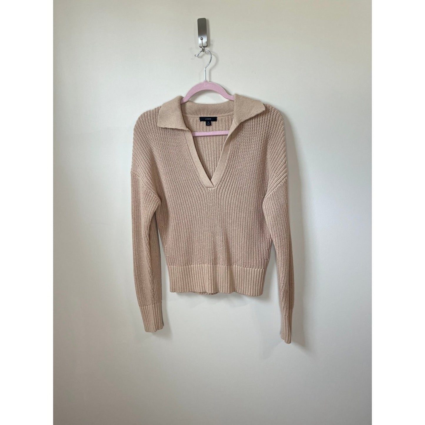 J Crew Collared Ribbed Sweater Beige Long Sleeve Pullover Size Small