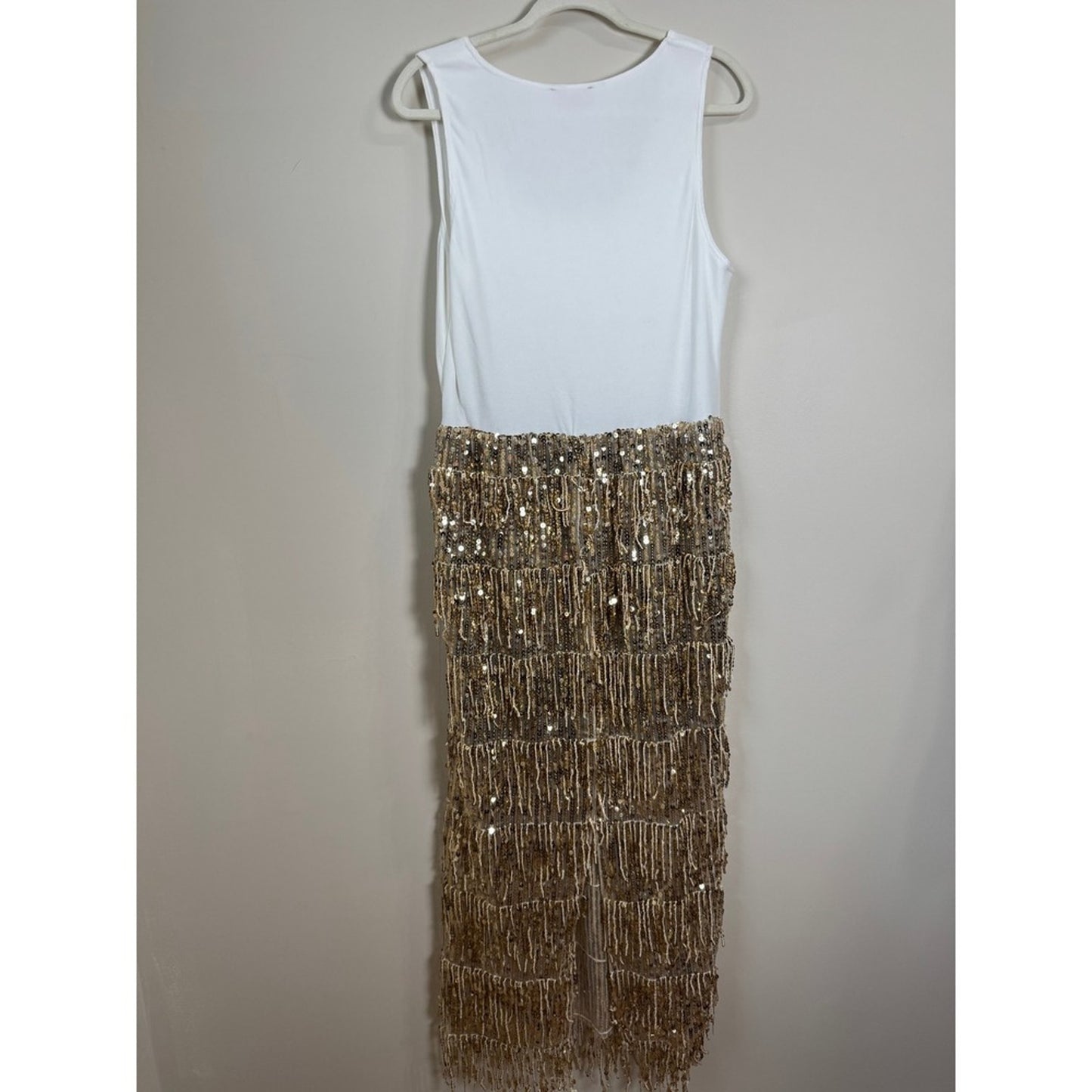 Show Me Your Mumu Sequin Fringe Maxi Dress White Gold Ribbed Tank XL Party NYE