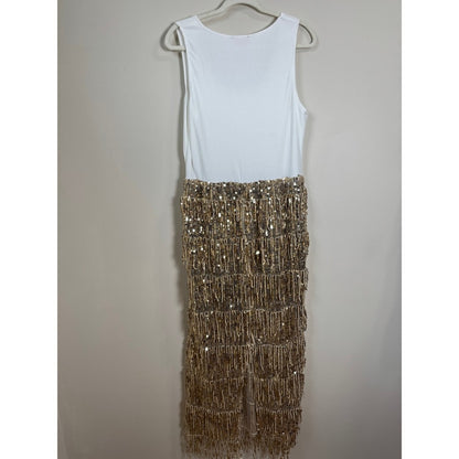 Show Me Your Mumu Sequin Fringe Maxi Dress White Gold Ribbed Tank XL Party NYE