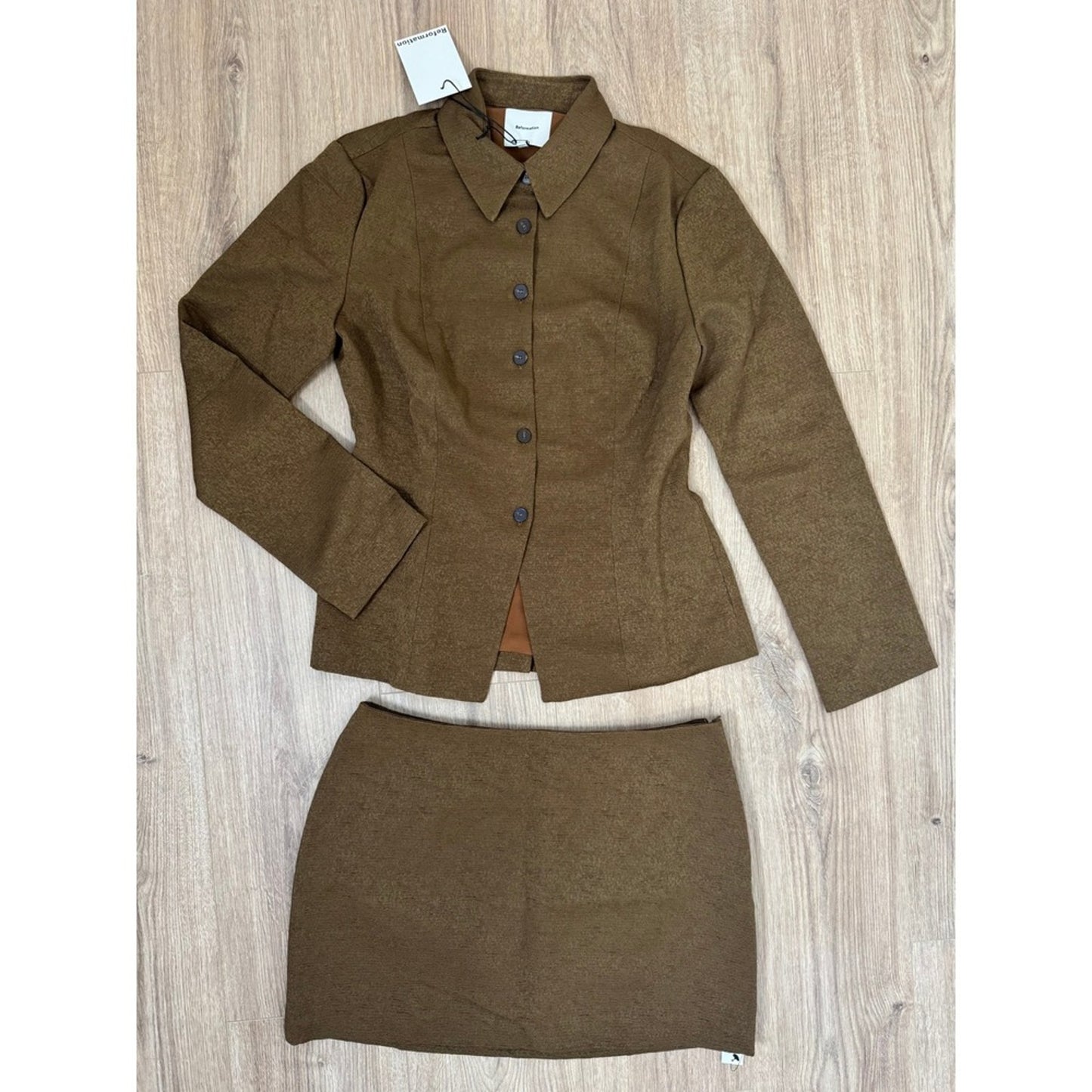 Reformation Olive Brown Textured Two Piece Skirt Set Jacket Mini Skirt NWT