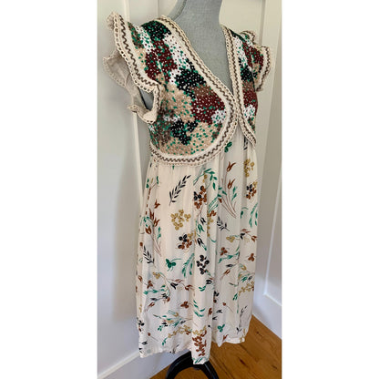 Anthropologie Printed V-Neck Maxi Dress Size 6 Floral Embroidered Lined Boho
