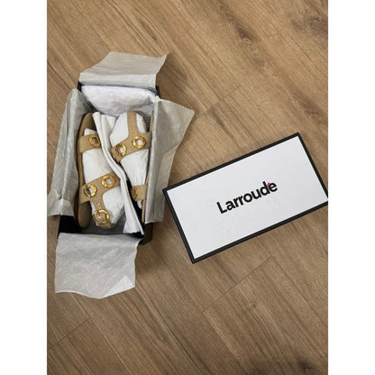 Larroude Floral Raffia Flat Sandals with Buckle Detail Beige Yellow Daisy Print