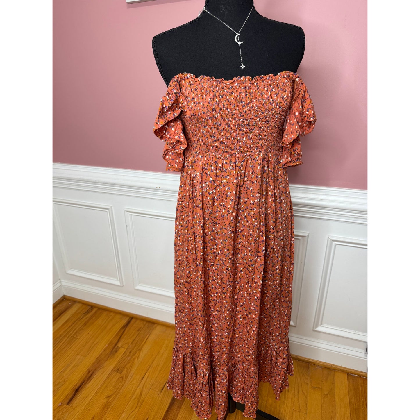 byTimo Floral Maxi Dress Orange Floral Small Short Sleeve Ruffle Smocked Cotton