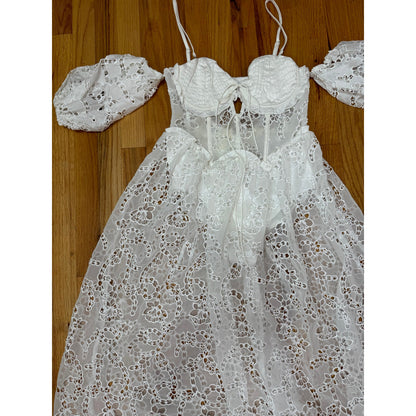 For Love & Lemons Romi Midi Dress in White Small Floral Eyelet Puff Sleeve