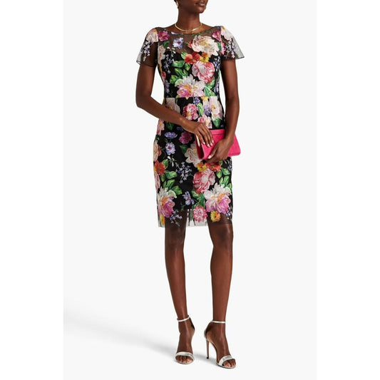 Marchesa‎ Notte Floral Embroidered Tulle Dress Black Floral Size 2