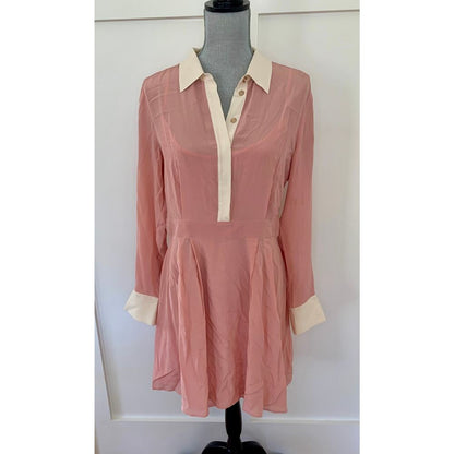 Karen Millen Colour Block Silk Satin Long Sleeve Dress Pink Size 14 Button Front