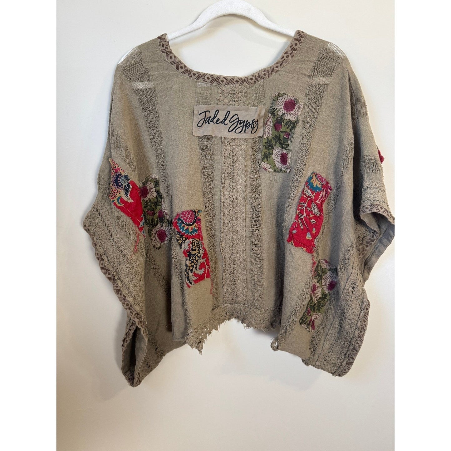 Jaded Gypsy Boho Patchwork Poncho Top Tunic Kimono Khaki