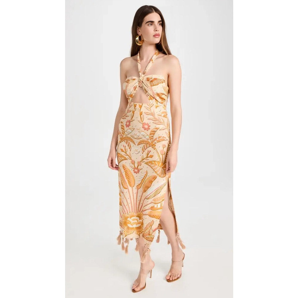 Farm Rio Jungle Chic Sand Midi Dress Large Floral Halter Tasseled Cutout Front