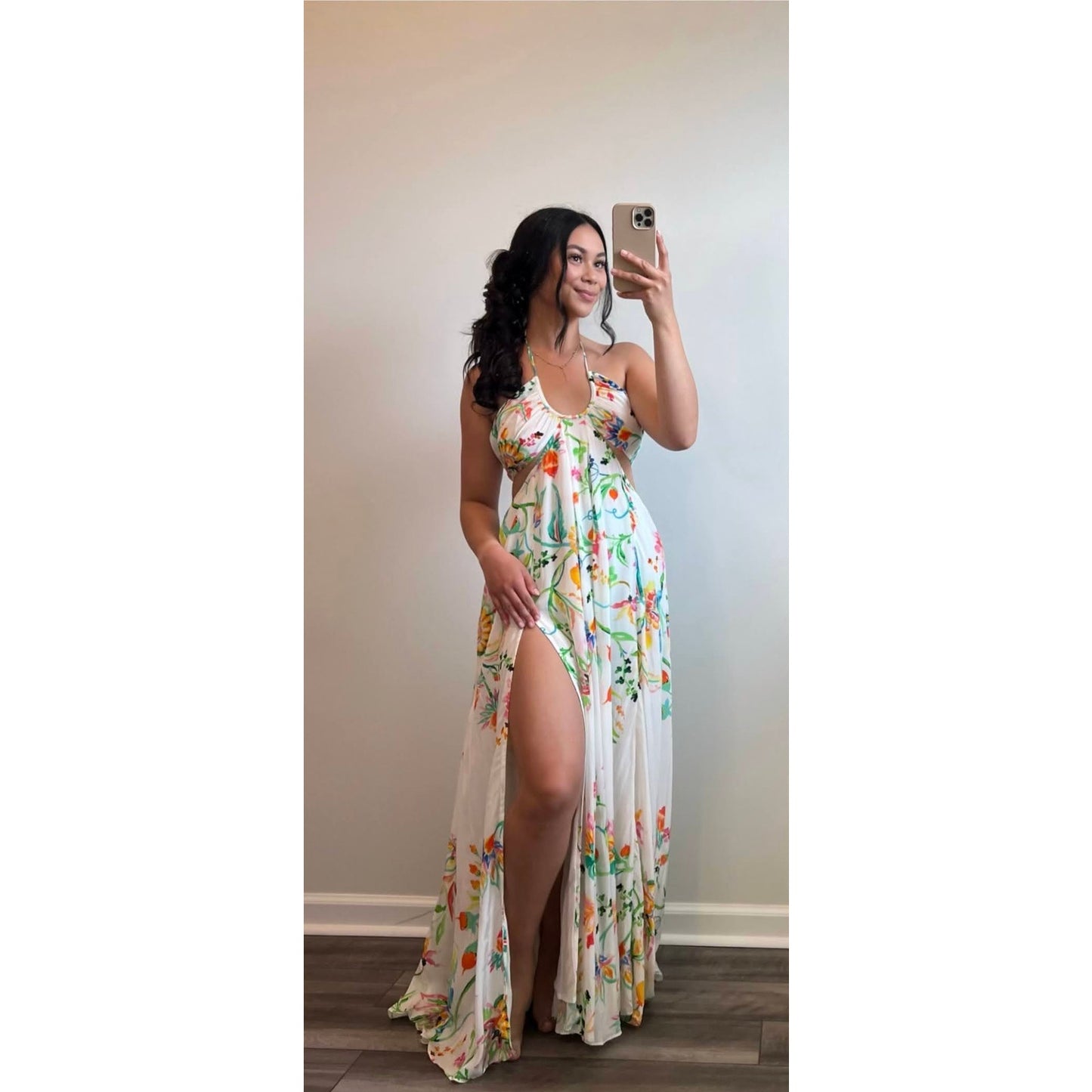 Rococo Sand Susan Maxi Dress in White Medium Floral Halter Cutout Side Slit
