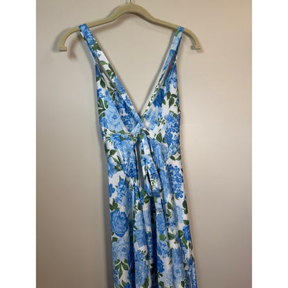 Blue Floral Satin Maxi Dress Open Back Tie High Slit Summer Wedding Guest V-Neck