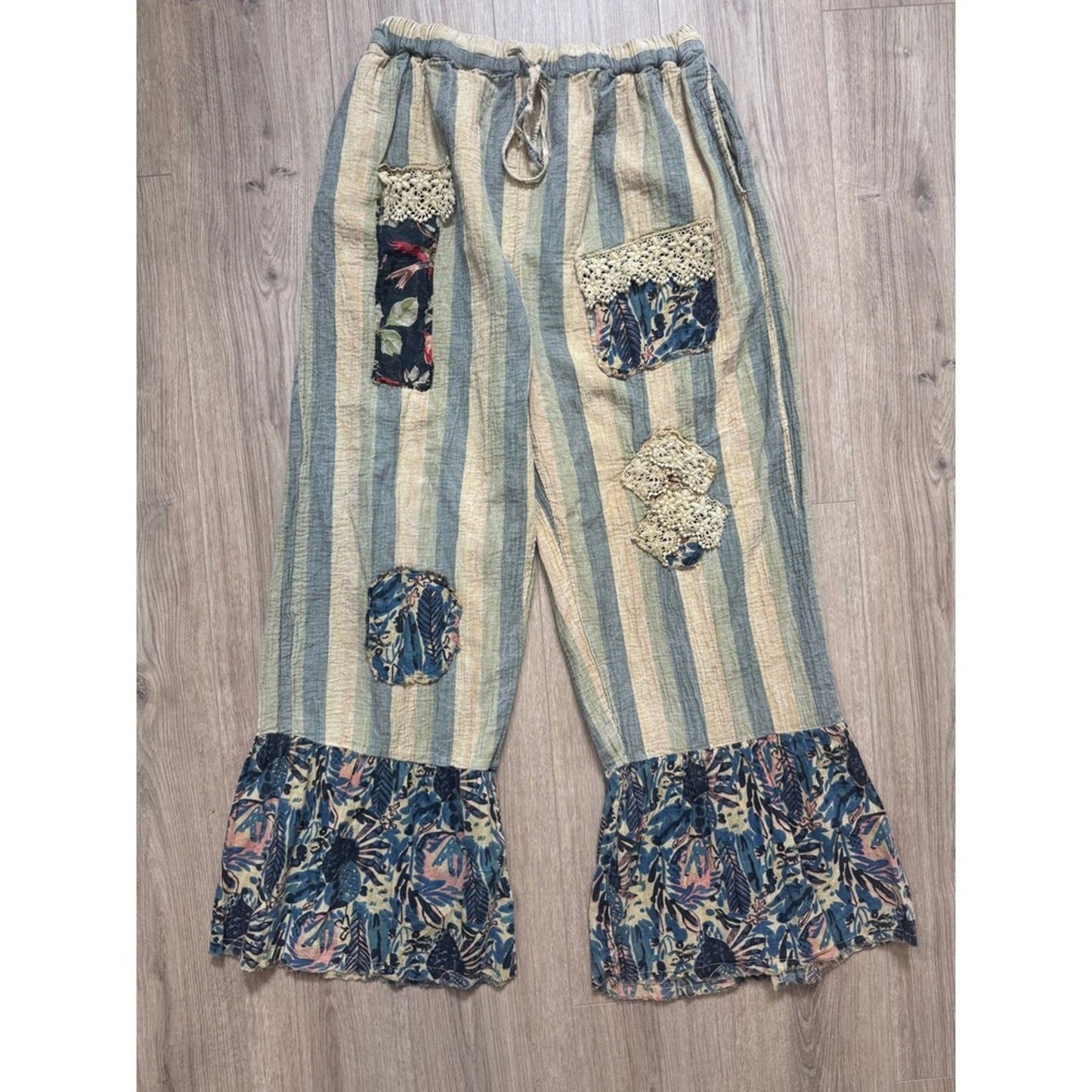 Jaded Gypsy Striped Patchwork Lace Ruffle Wide Leg Pants Blue Cream Boho