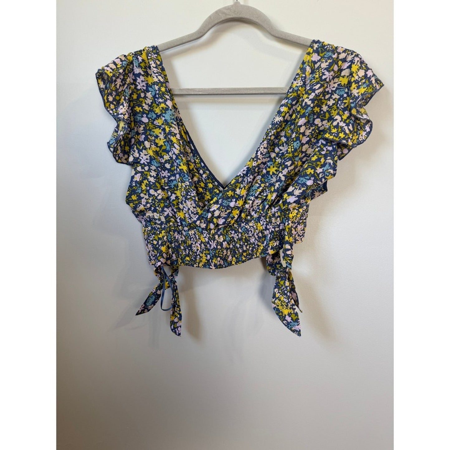 Free People Floral Two Piece Set Crop Top High Low Maxi Skirt XS Navy Yellow
