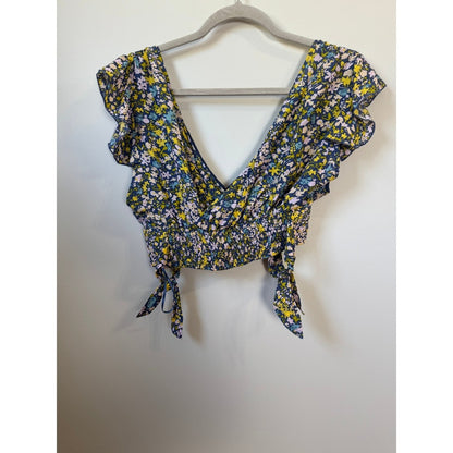 Free People Floral Two Piece Set Crop Top High Low Maxi Skirt XS Navy Yellow
