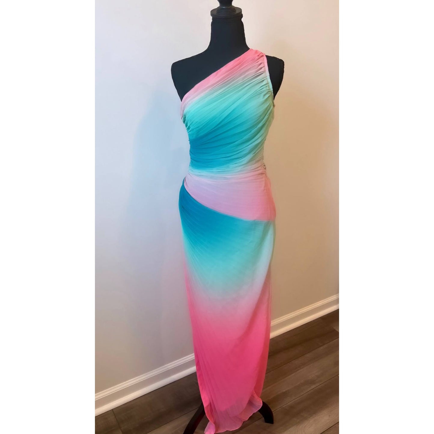 Rococo Sand Luca Maxi Dress in Ombre Medium One Shoulder Pleated Side Slit Lined
