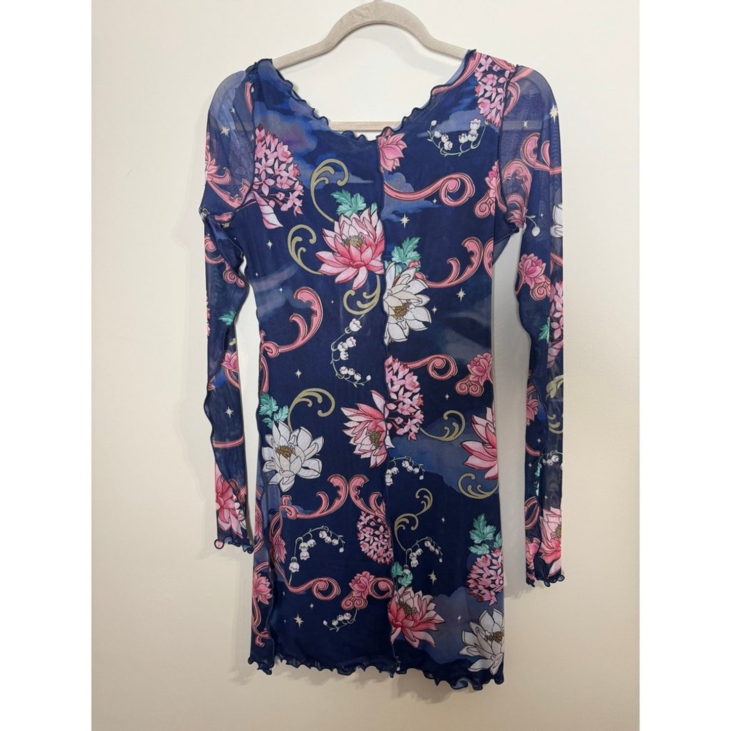 Agua Bendita Hadley Fairytales Mesh Mini Dress Navy Floral Long Sleeve L