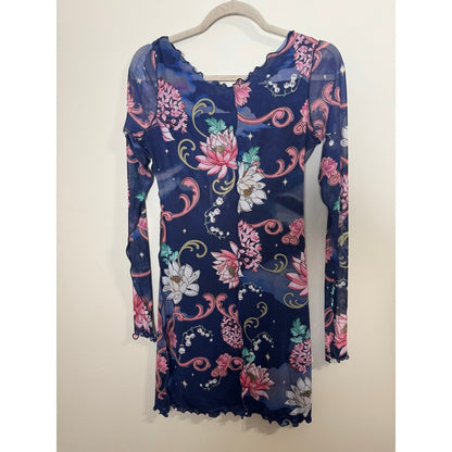 Agua Bendita Hadley Fairytales Mesh Mini Dress Navy Floral Long Sleeve L