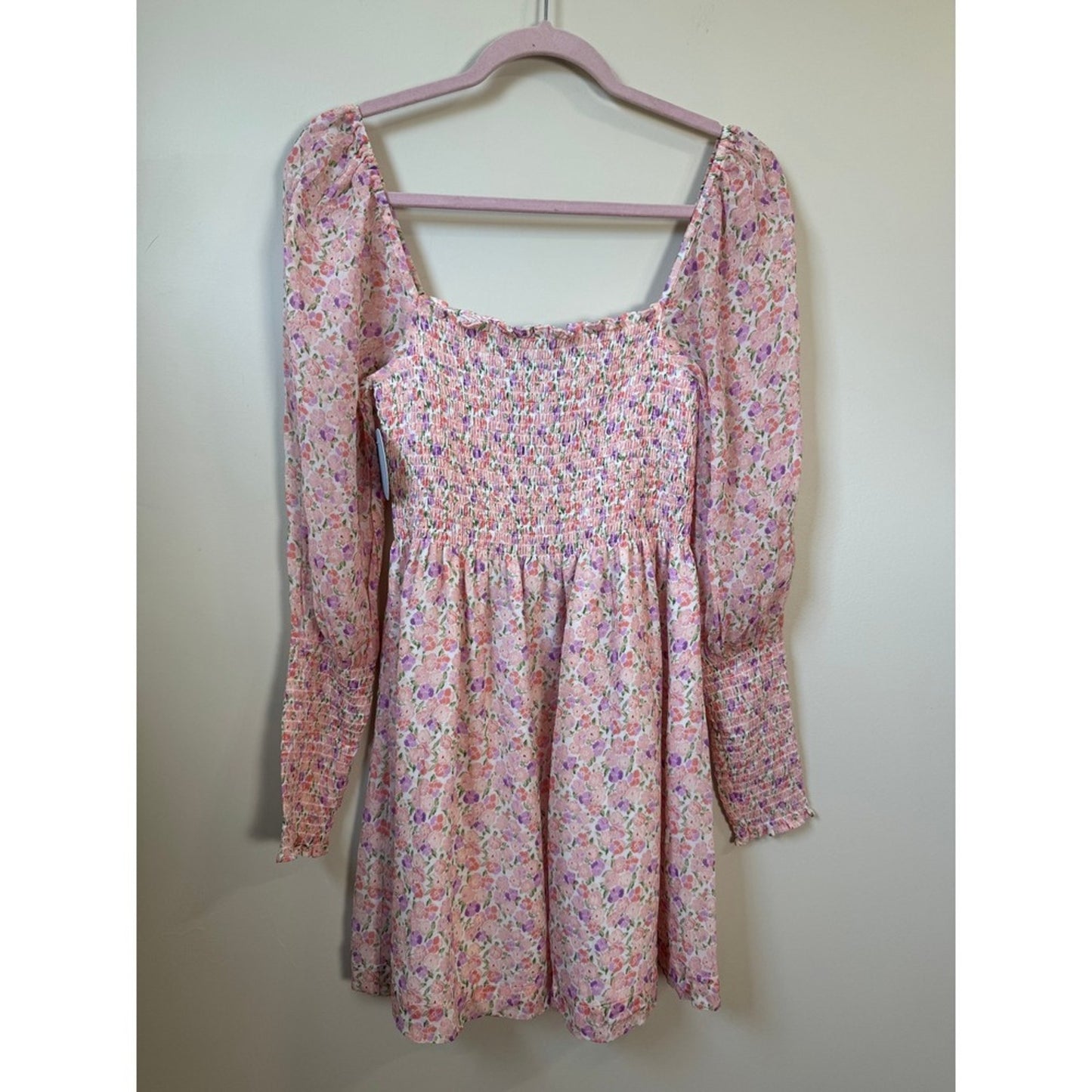 Hill House Home Grace Nap Dress Pink Purple Floral Smocked Long Sleeve Mini NEW