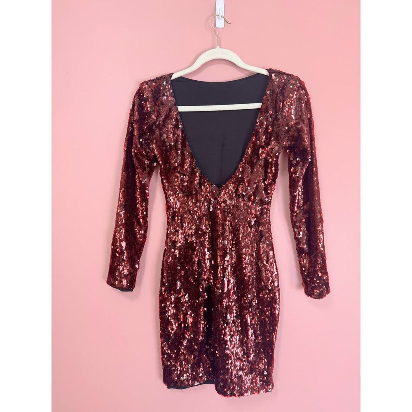Dress The Population‎ Lola Long Sleeve Red Sequin Mini Dress Size XS