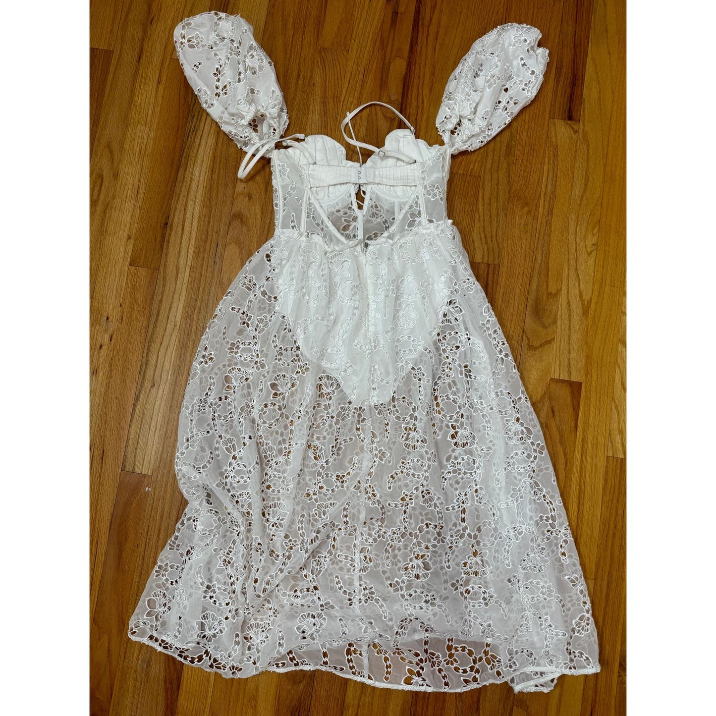 For Love & Lemons Romi Midi Dress in White Small Floral Eyelet Puff Sleeve