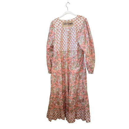 Jaded Gypsy Pink Floral Tiered Maxi Dress Tassel V Neck Long Sleeve S M