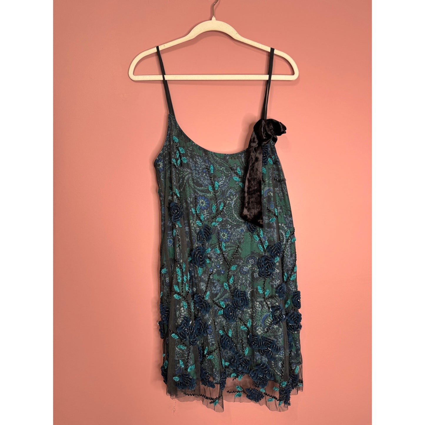 Free People Pure Heart Mini Dress Sleeveless Large Floral Paisley Sequin Lined