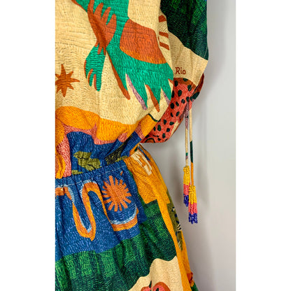 Farm Rio Anthropologie Jungle Printed Cover-Up Mini Dress Small V-Neck Cotton