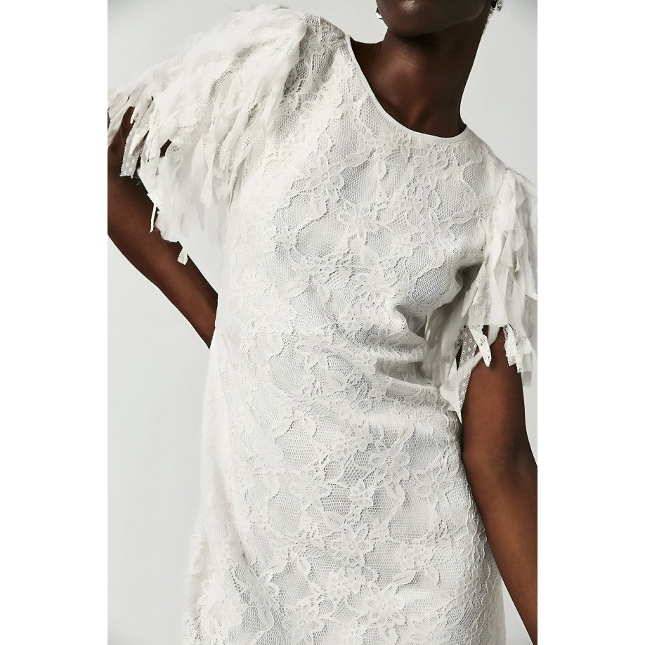 Free People Songbird Mini Lace Dress in White Floral Medium Short Sleeve Lined