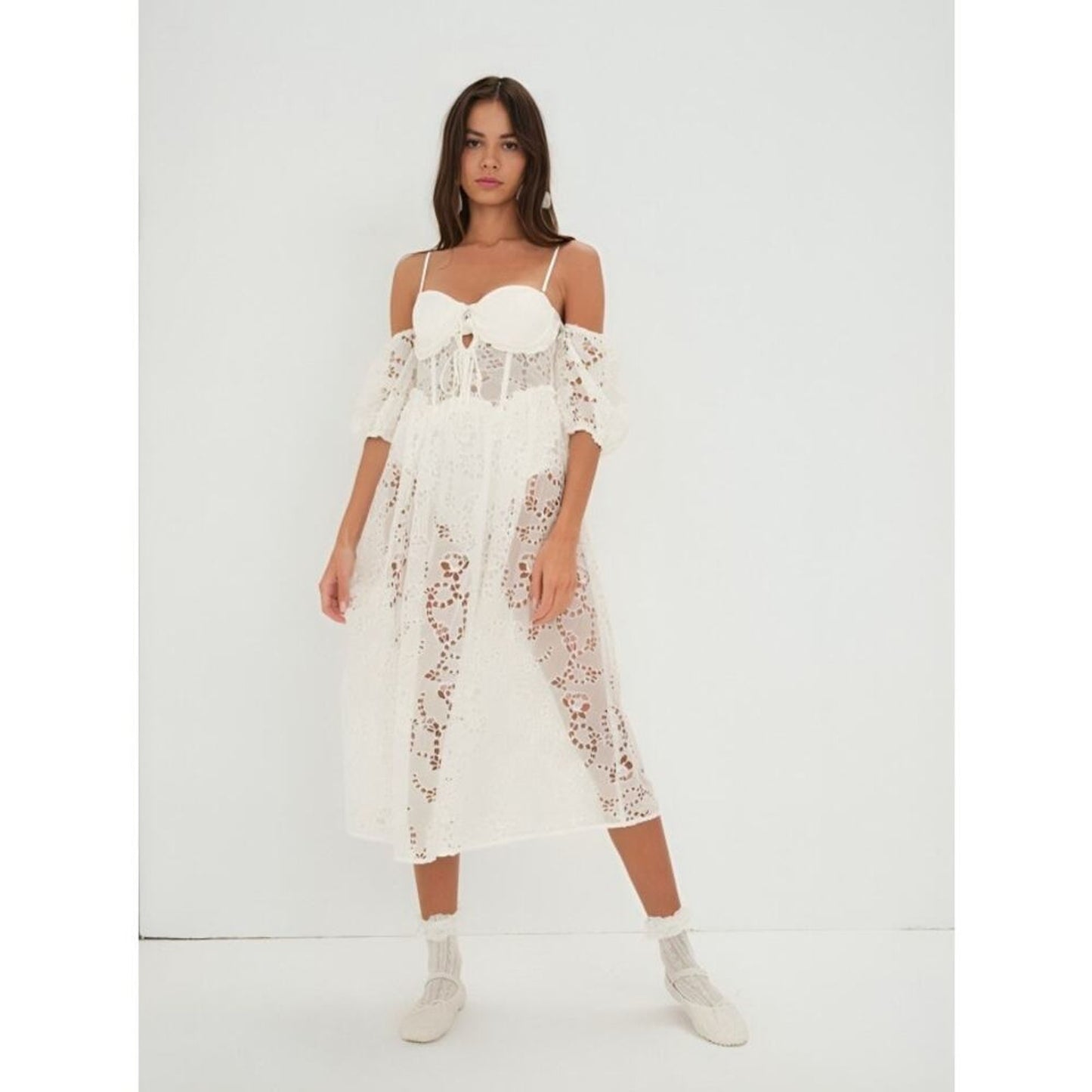 For Love & Lemons Romi Midi‎ Dress in White Small Floral Eyelet Puff Sleeve