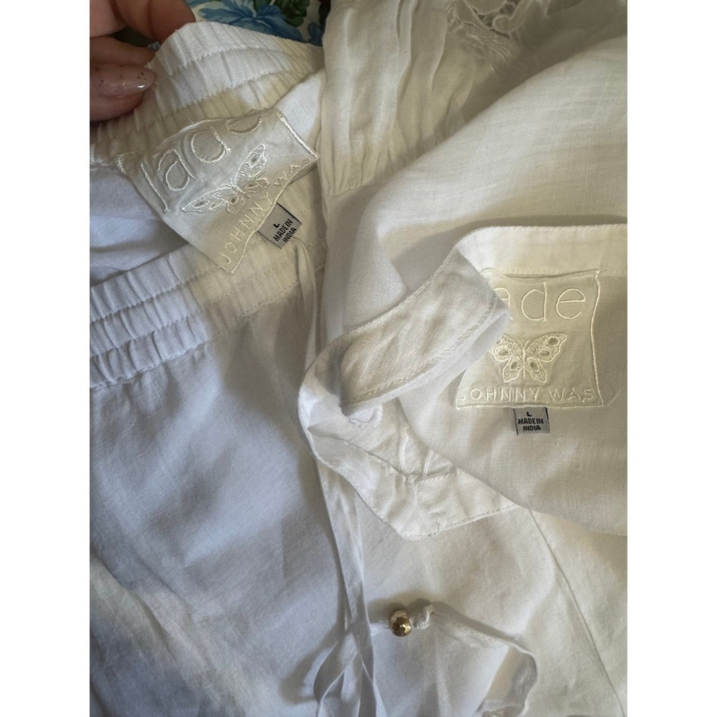 Johnny Was Jade White Linen Embroidered Tunic and Wide Leg Pant Set Womens Large